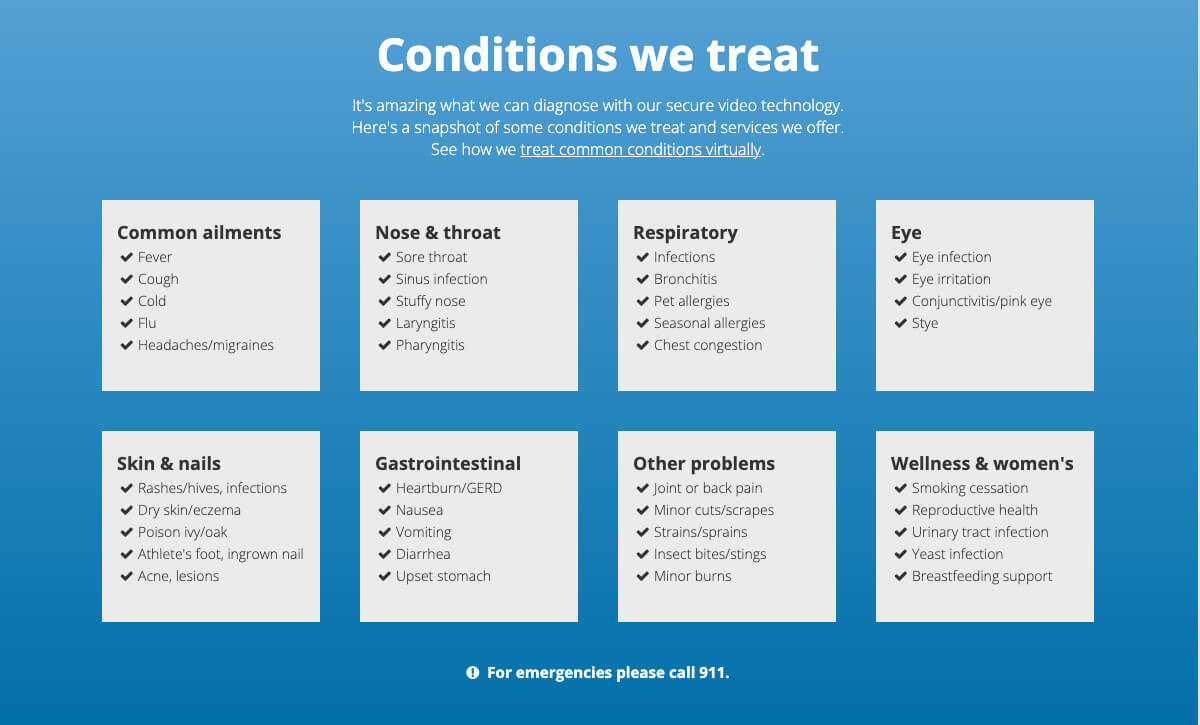Swedish Express Care's hospital website panel about conditions they treat
