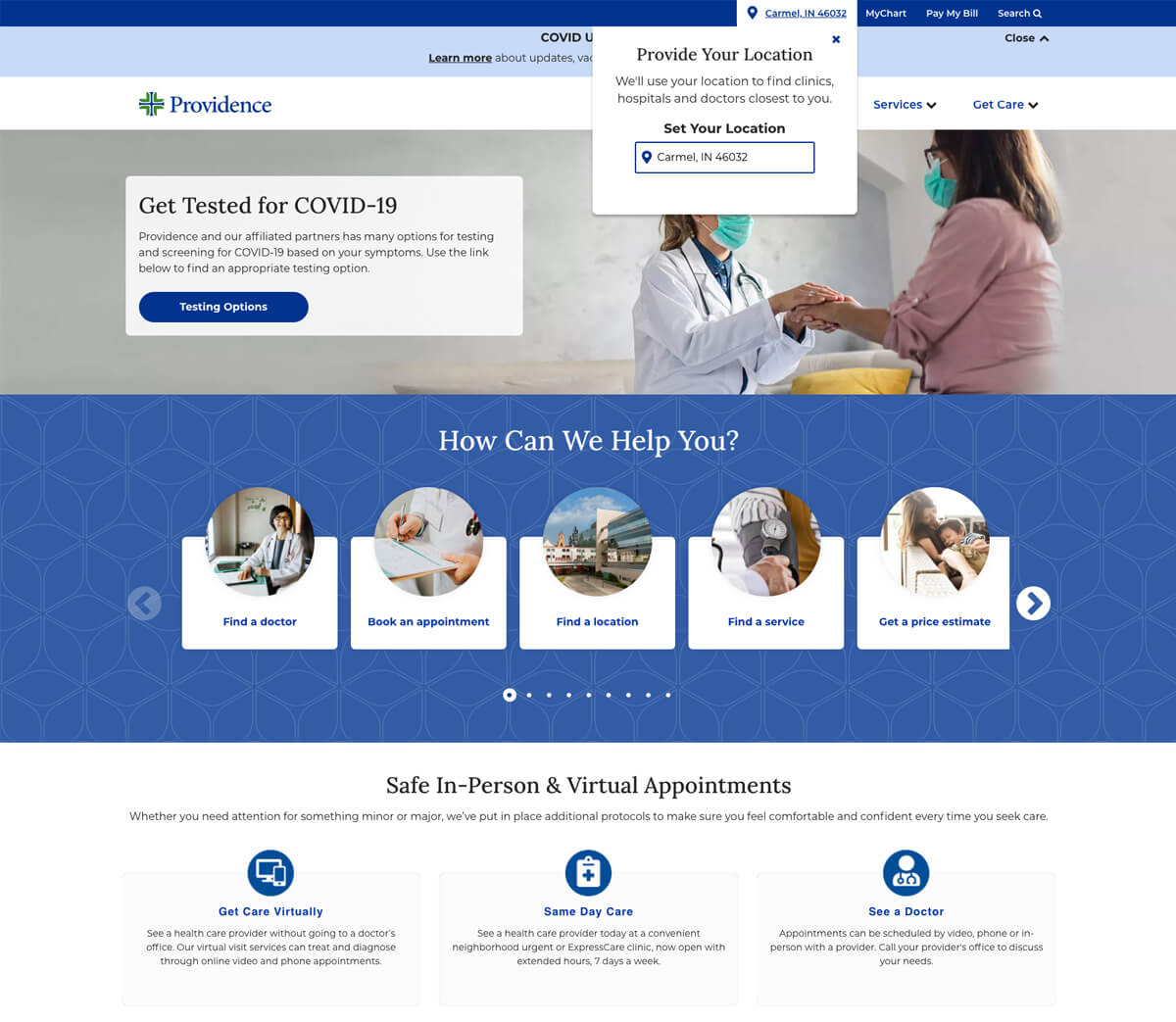 Providence's healthcare website homepage
