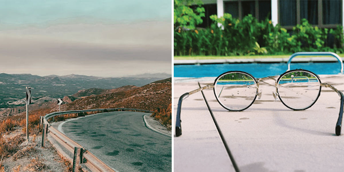 landscape stock image beside glasses on poolside stockimage