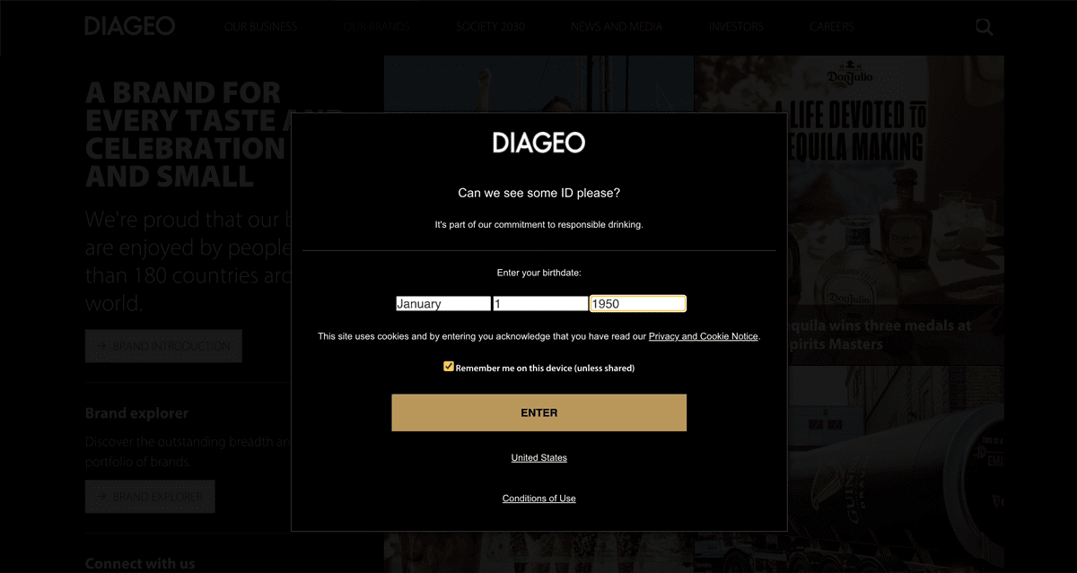 Screengrab of Diageo's black background website
