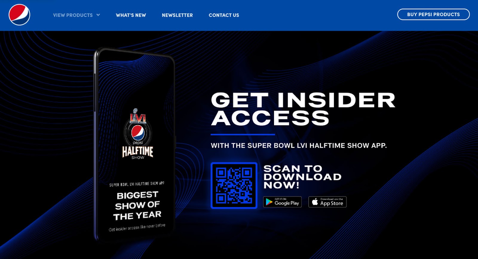Screengrab of Pepsi's blue and black background landing page