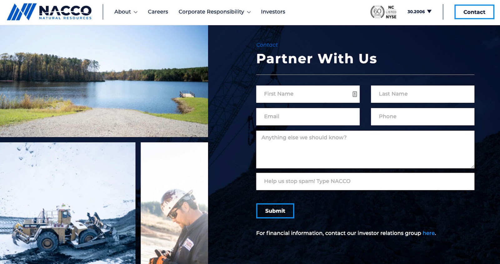 Screengrab of NACCO's dark mode contact form