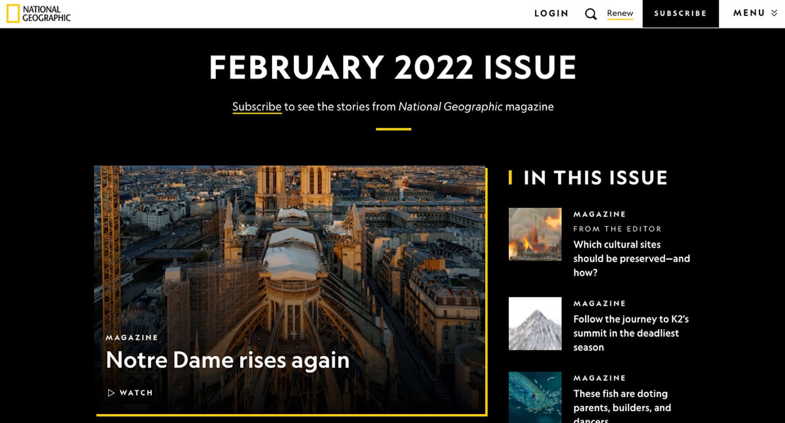 Screengrab of the National Geographic magazine's high-contrast table of contents web design