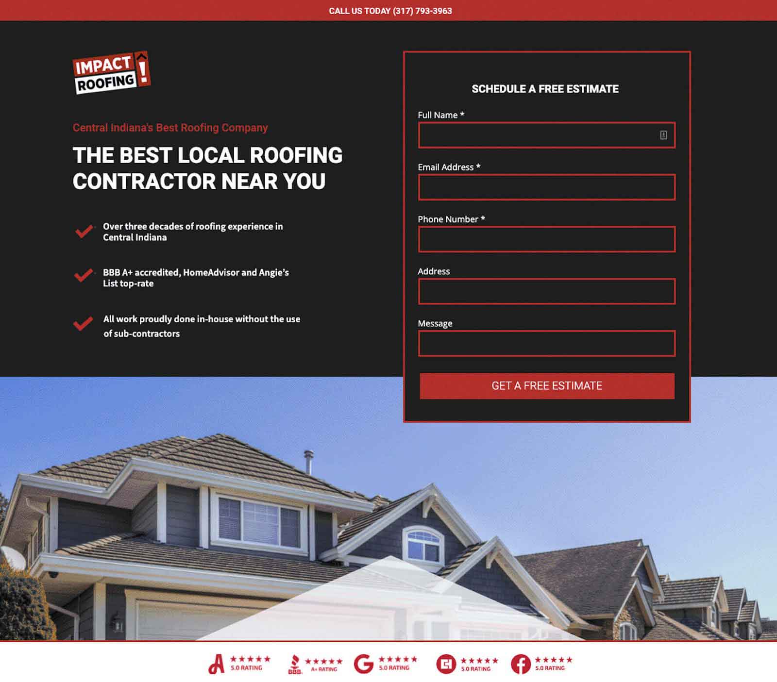 Screengrab of the Impact Roofing's landing page with a black background