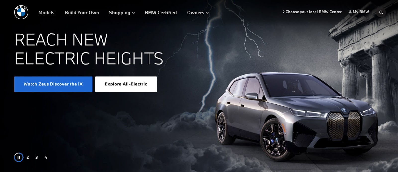 Screengrab of BMW's homepage hero using a dark mode treatment