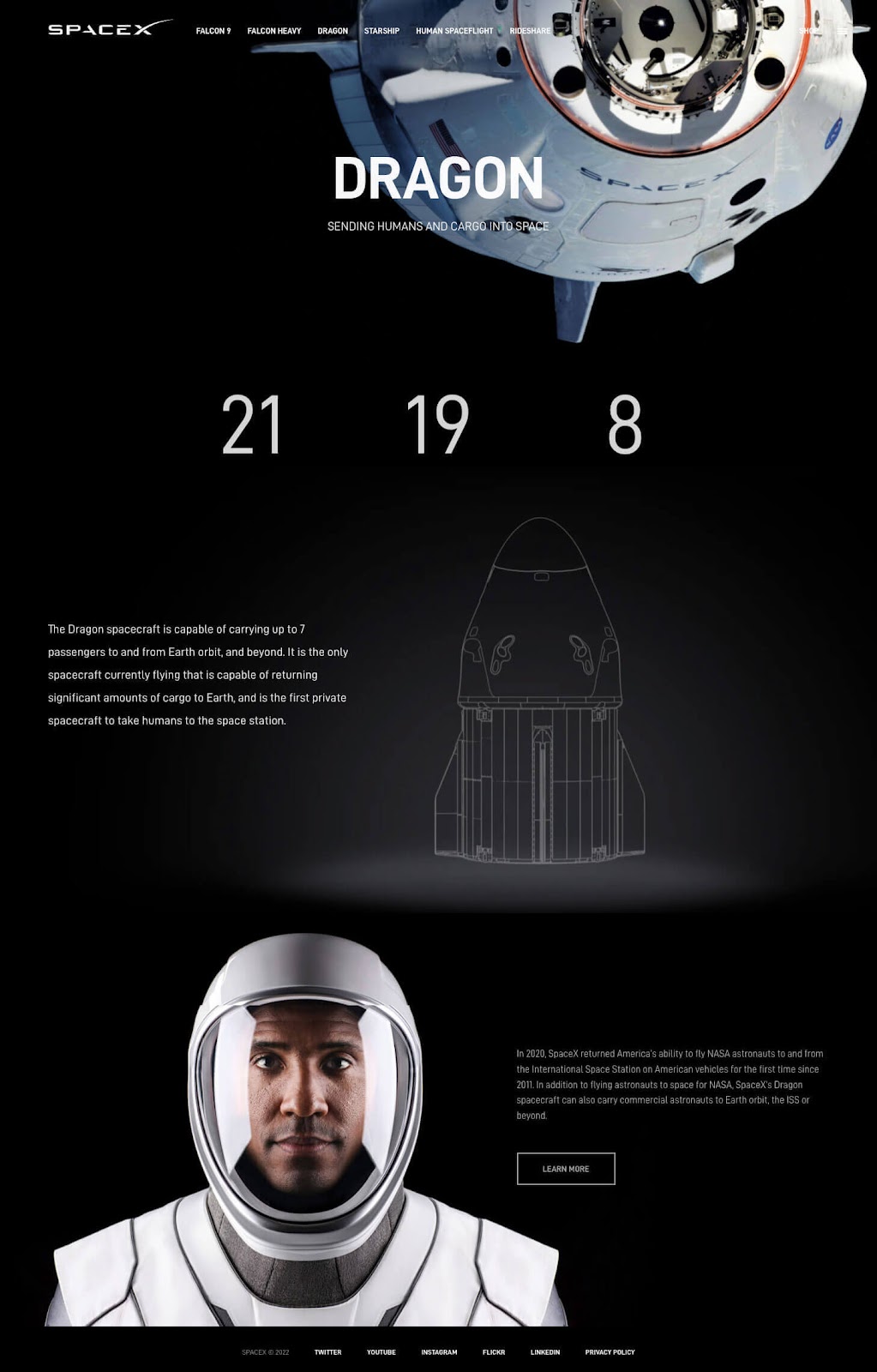 Screengrab of SpaceX's black background webpage about its Dragon program