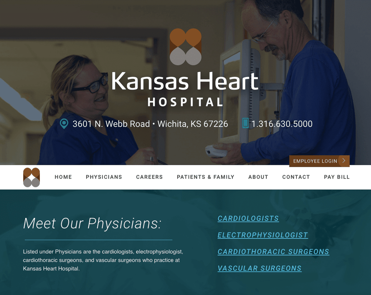 Screengrab of the Kansas Heart Hospital's mobile-first darkly-colored website design