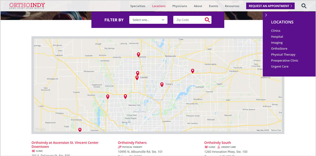 OrthoIndy locations webpage design example