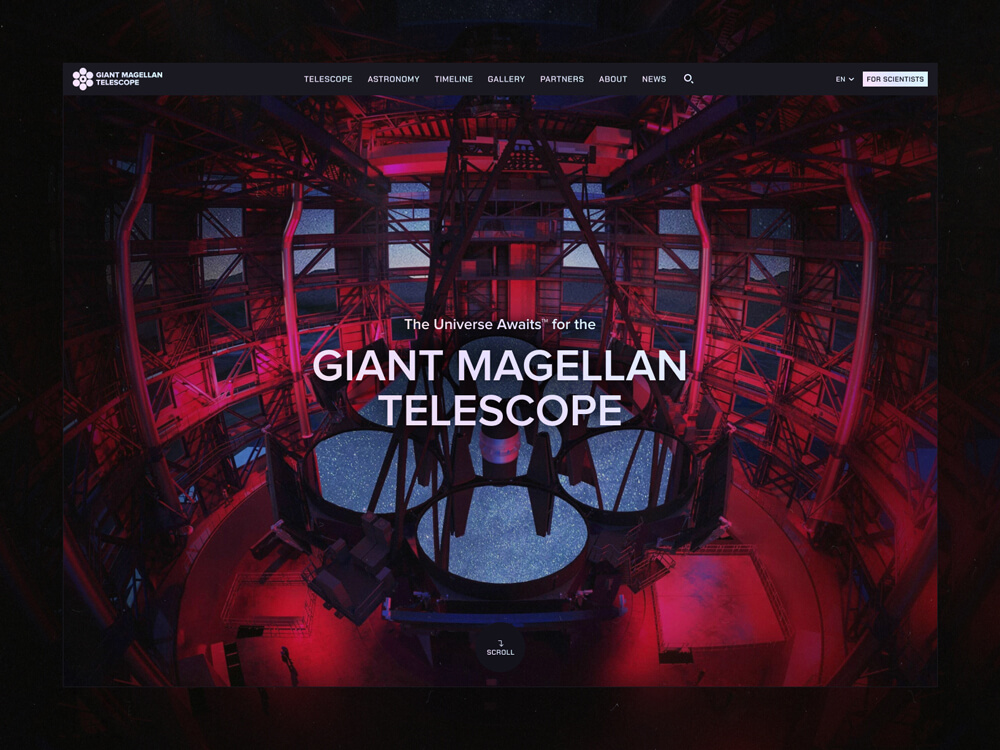 The Giant Magellan's site uses an interactive photo of its famous telescope—viewing the twinkling midnight sky—to create its impressive dark mode website experience.