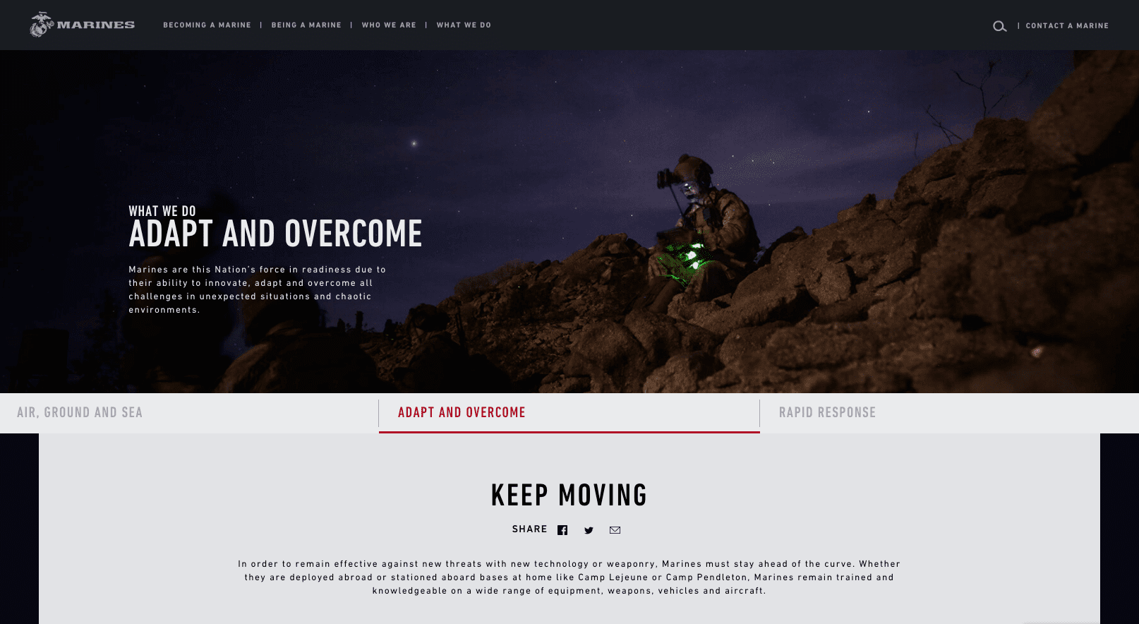 Screengrab of the Marines' recruitment website features a dark mode design