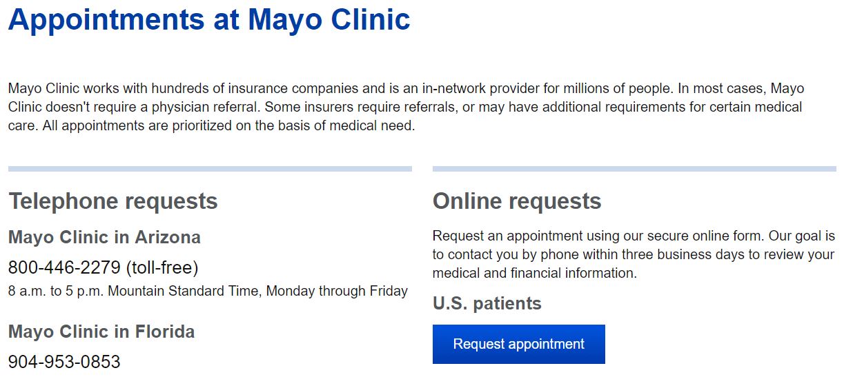 Mayo Clinic online appointment request