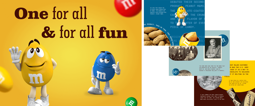 Screengrab showing multiple screens on the M&M microsite that use micro-interactions to engage with users