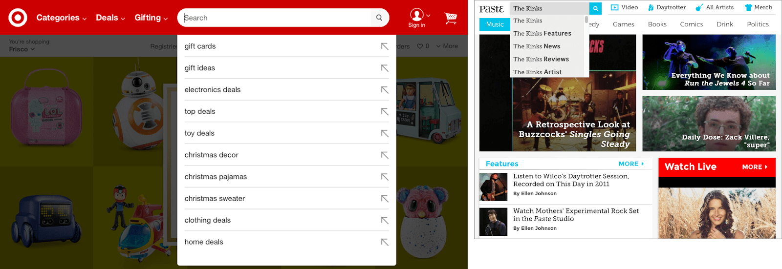 Target and Paste Magazine both use autosuggest to help users