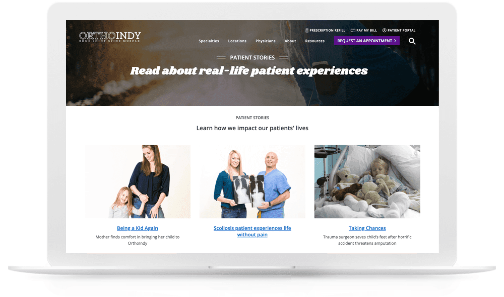 OrthoIndy healthcare marketing videos on their patient stories page
