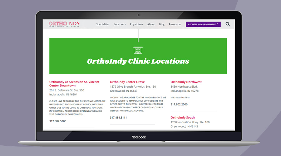 OrthoIndy crisis communications location page updates