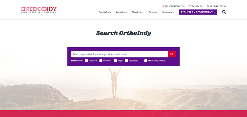 OrthoIndy search functionality on website.