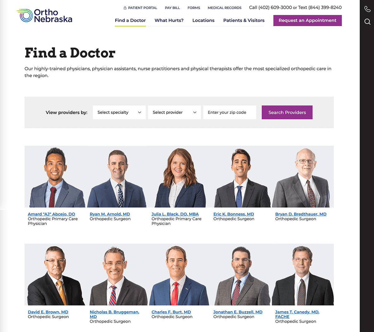 Screengrab of OrthoNebraska's physicians directory list webpage