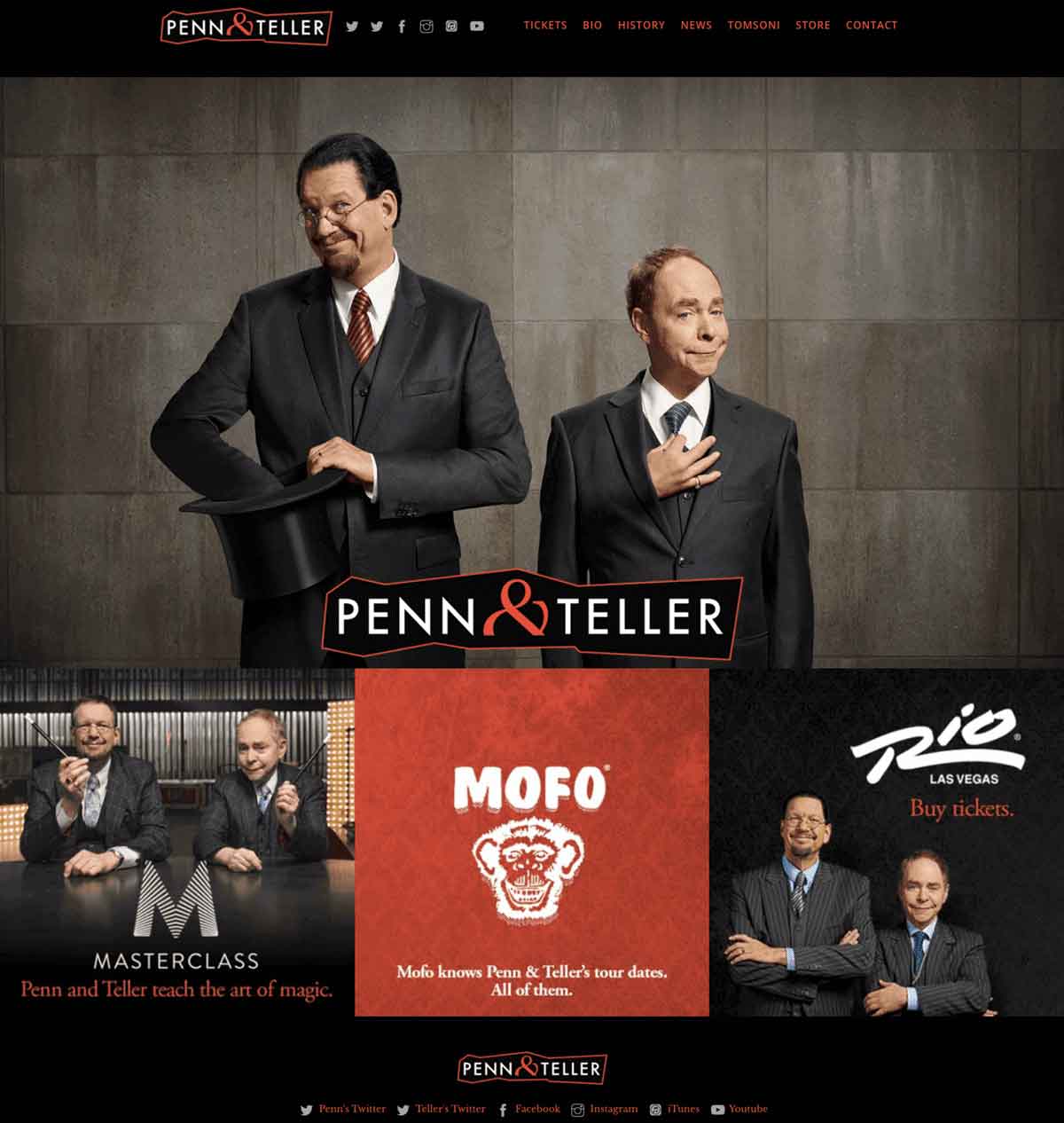 Screengrab of Penn & Teller's dark mode homepage design