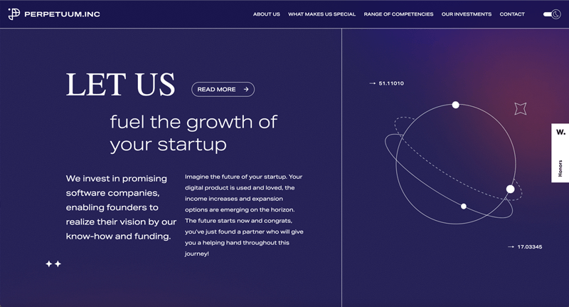 Screengrab of Perpetuum's homepage, which features the 2024 web design trend of dark mode backgrounds for websites