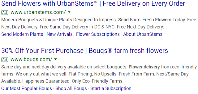 Paid search result example for "send flowers"