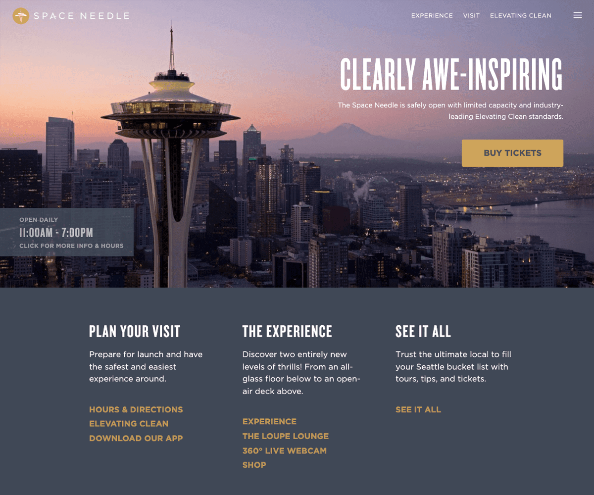 Screengrab of the Space Needle's uses a dark and dusty purple instead of black background on its website