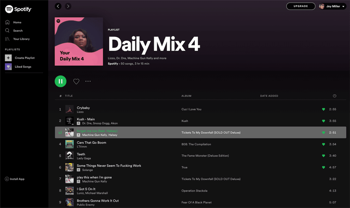 Screengrab of a Spotify webpage with a black background