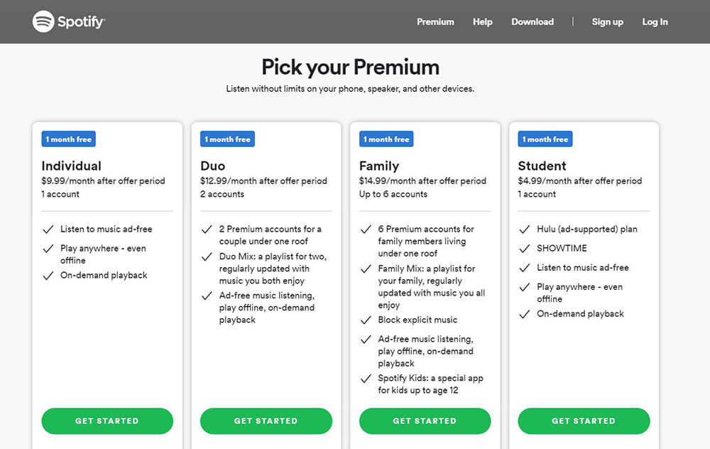 Spotify's website pricing page covers all of their subscription options