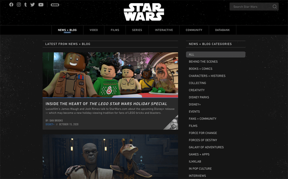 Screengrab of Star War's dark mode website