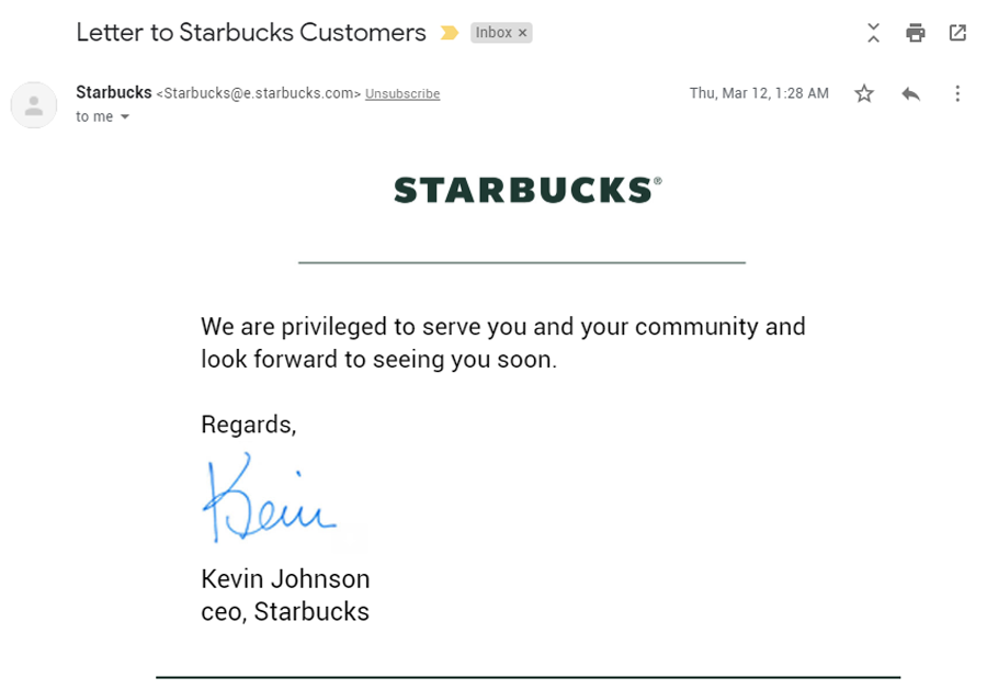 Crisis communication email example: Starbucks