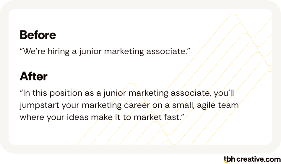 Before: “We’re hiring a junior marketing associate”; After: “In this position as a junior marketing associate, you’ll jumpstart your marketing career on a small, agile team where your ideas make it to market fast”