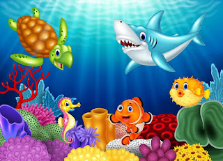some cartoon ocean animals on a reef