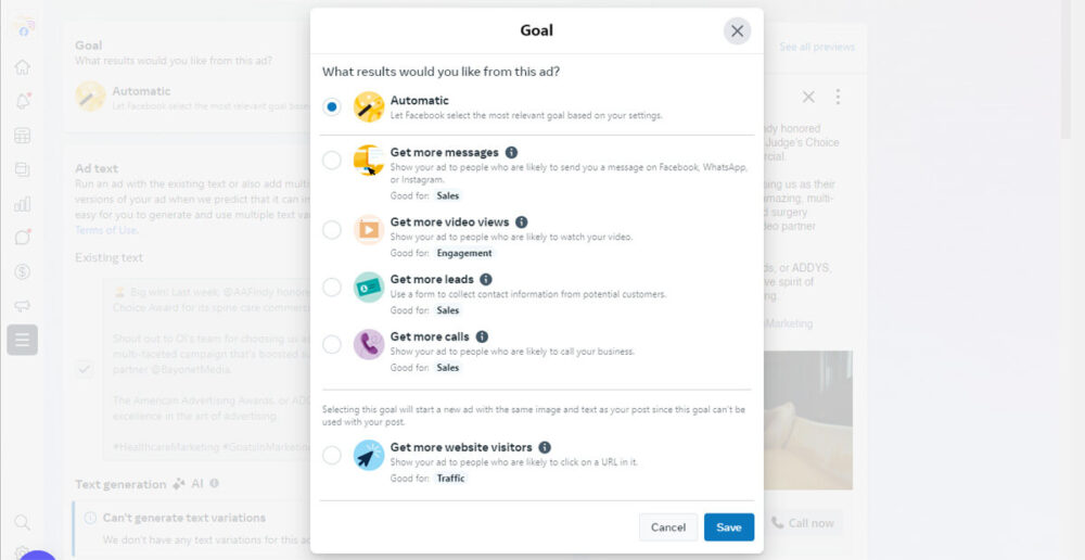 A view of goal options on Meta for Business when uploading a video for marketing distribution