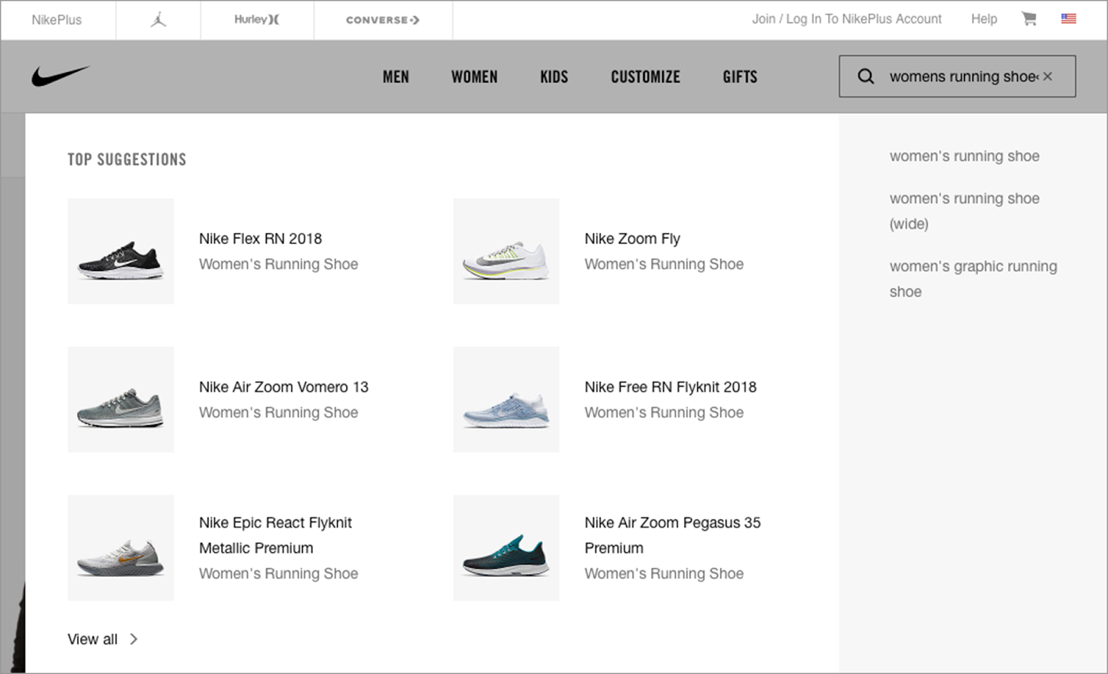 Nike uses a variety product photos matching a user’s search input as part of their visual search results display.