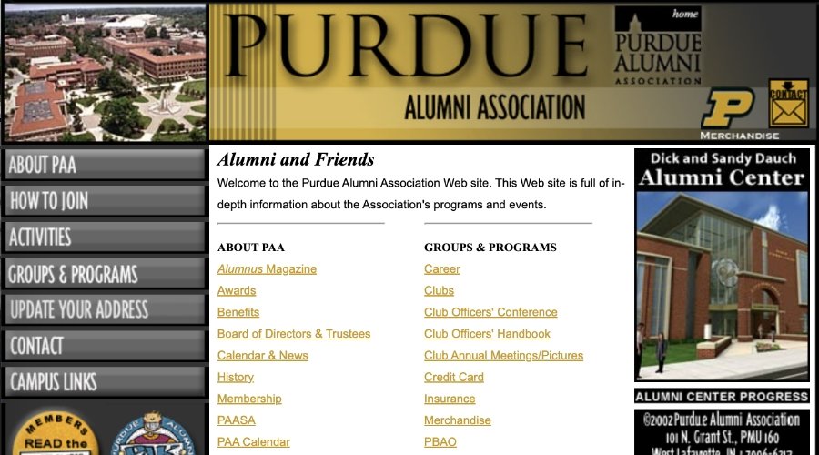 2004 web design example: Purdue Alumni Association homepage