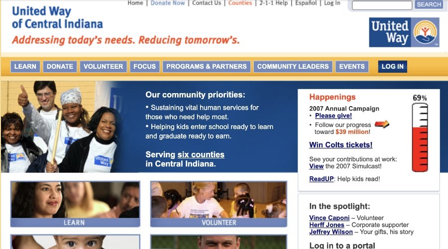 United Way of Central Indiana homepage in 2008