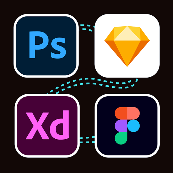 web design tool icons for Photoshop, Sketch, Adobe XD, and Figma