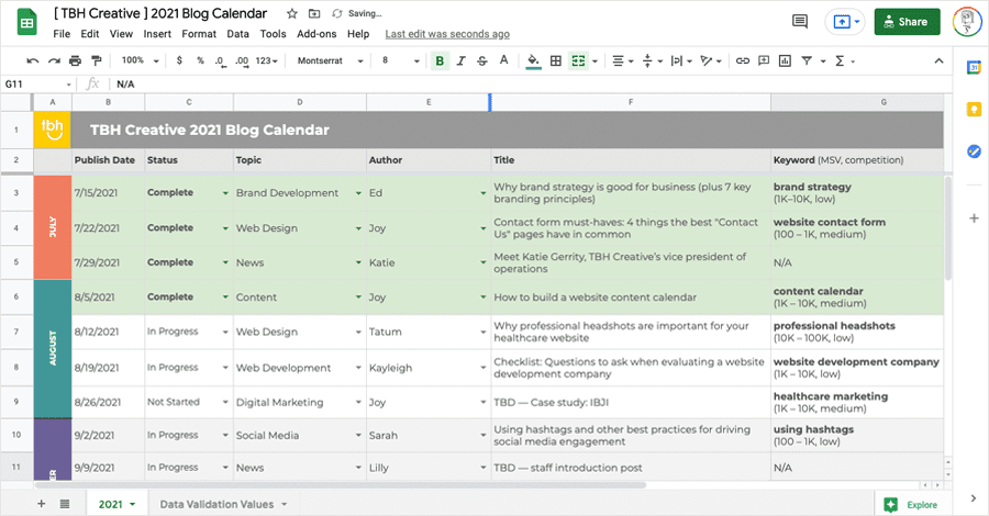 TBH Creative's content calendar used to manage its website's blog articles