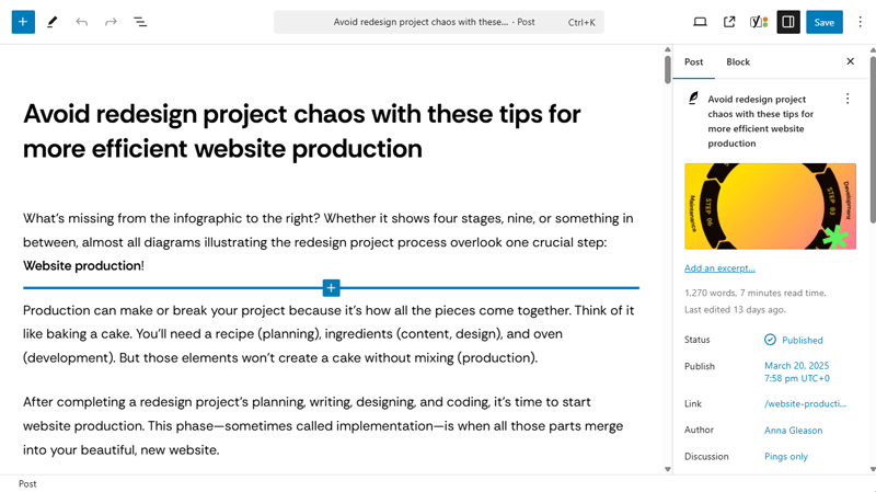 View of WordPress's "Block Editor" when a user is logged into TBH Creative's blog to make website content edits to a specific post