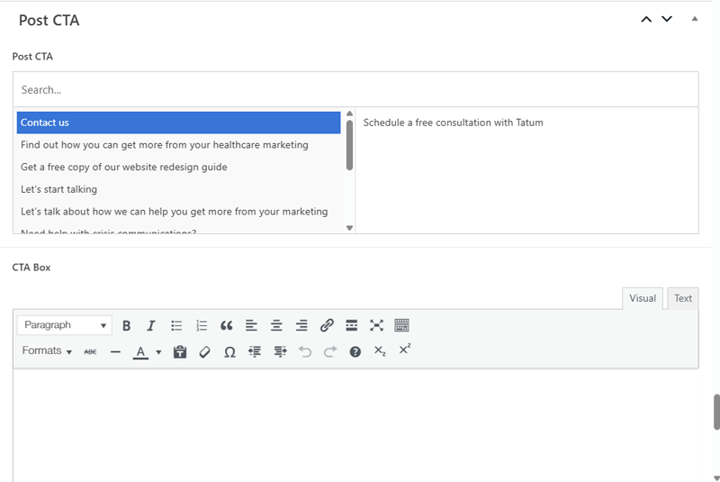 View of a "Custom Field" in WordPress set-up so to make it easy for a user is logged into TBH Creative's blog to make website content edits and adjust or set a custom CTA to go with a post