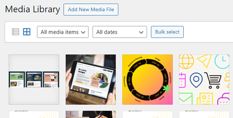View of WordPress's "Media Library" when a user is logged into TBH Creative's blog to make website content edits
