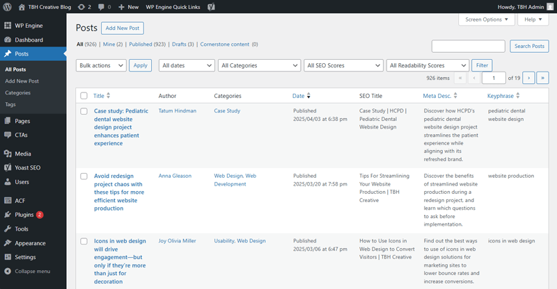 View of WordPress's list of "Posts" when a user is logged into TBH Creative's blog to make website content edits