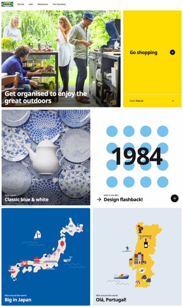 On the IKEA homepage, notice how the use of unified colorization of the graphic elements makes these pieces of website art feel in harmony with the custom photography and other brand elements.