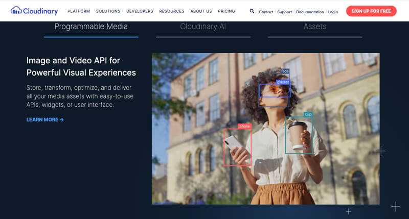 Example of how Cloudinary uses graphic overlays on top of stock images to create harmony between its website images and branding.