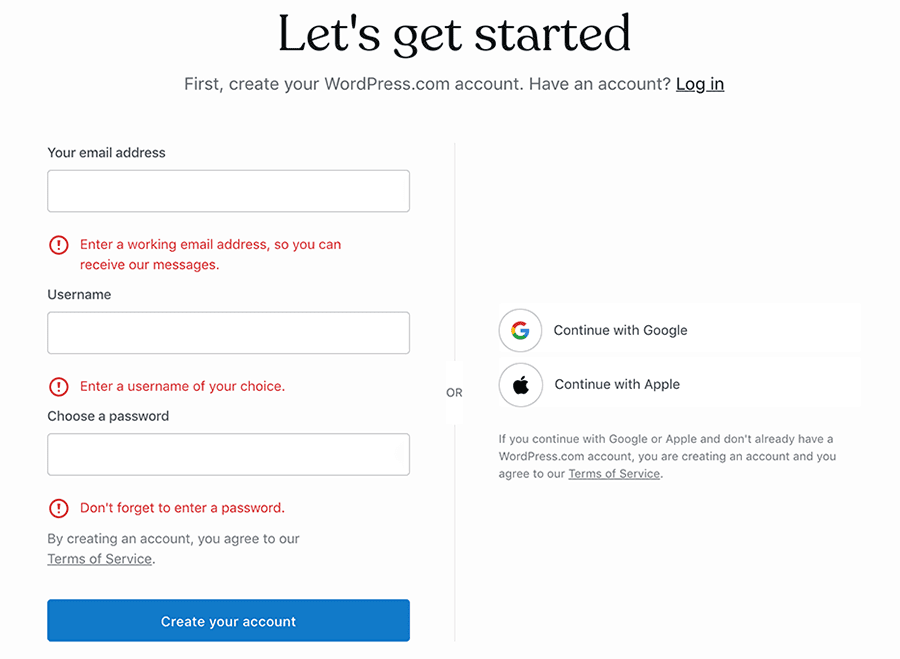 WordPress.com signup example of form accessibility